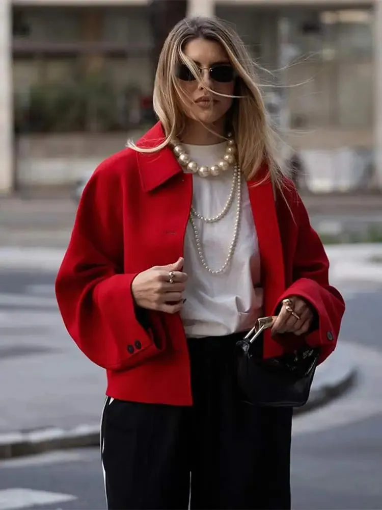 Chic Red Short Elegant Turn Down Collar Long Sleeve Coats