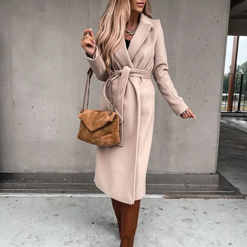 Chic Wool Blends Solid Adjustable Waist X-Long Elegant Coats