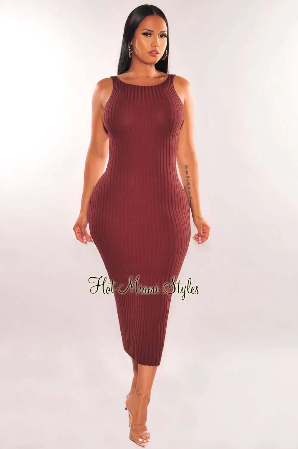 Chocolate Ribbed Sleeveless Scoop Back Midi Dress