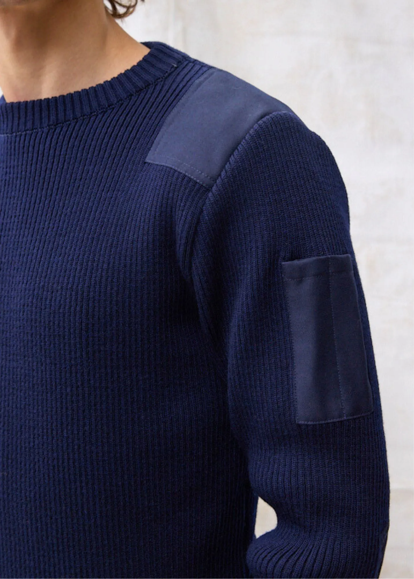 CONDOR II - Breton Sweater with Canvas Shoulder and Elbow Patches for Men | 100% Wool (NAVY)