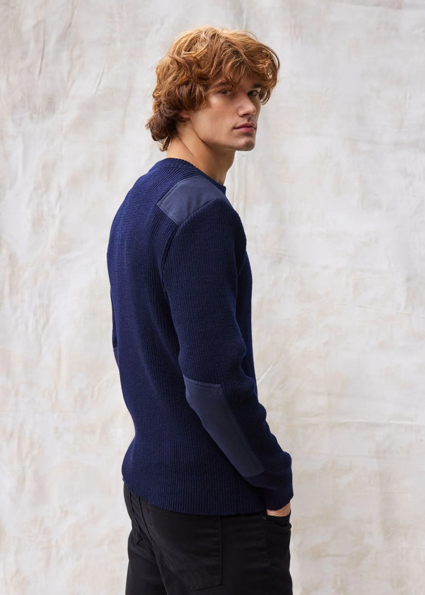 CONDOR II - Breton Sweater with Canvas Shoulder and Elbow Patches for Men | 100% Wool (NAVY)