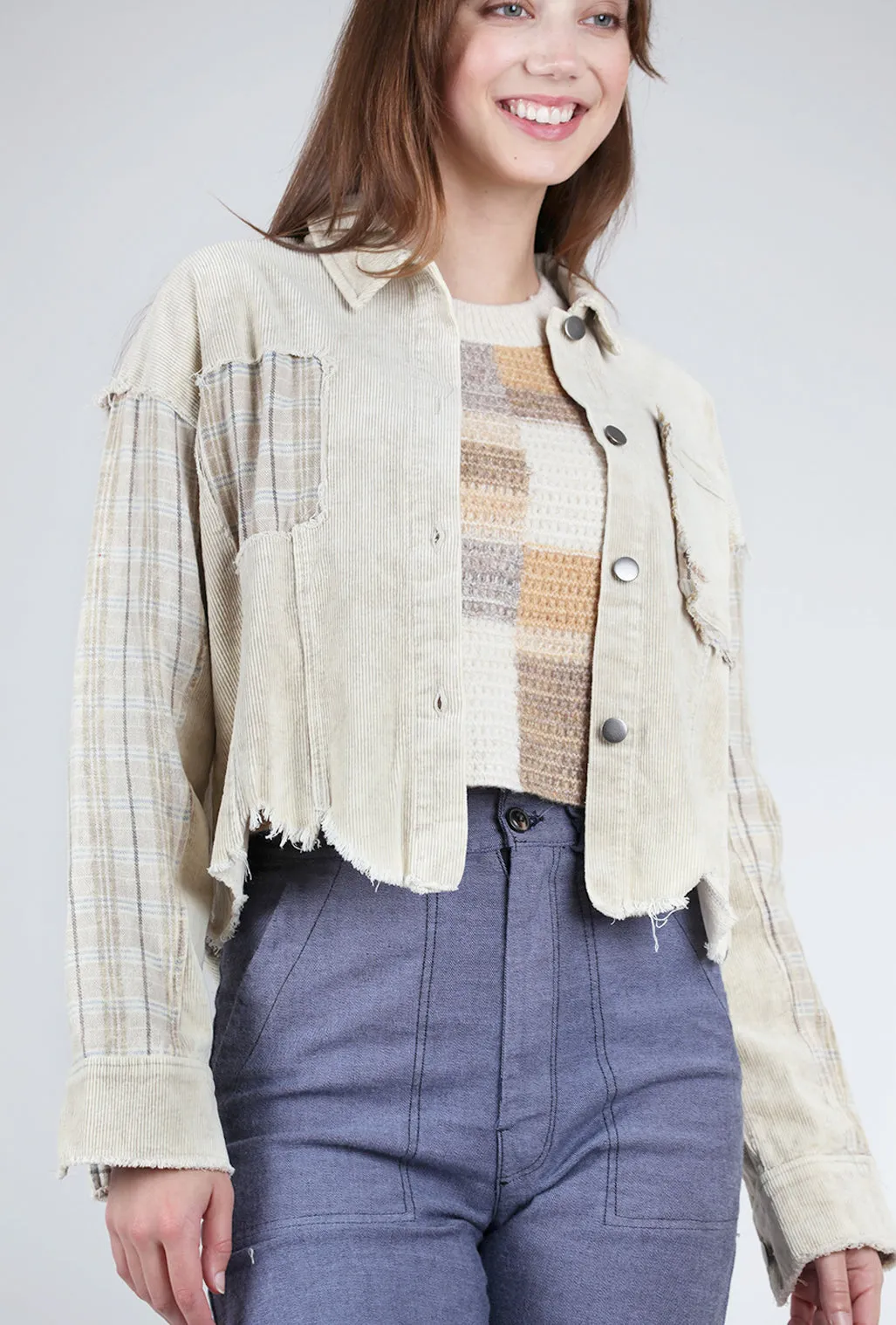 Contrast Plaid Corduroy Jacket, Almond Milk