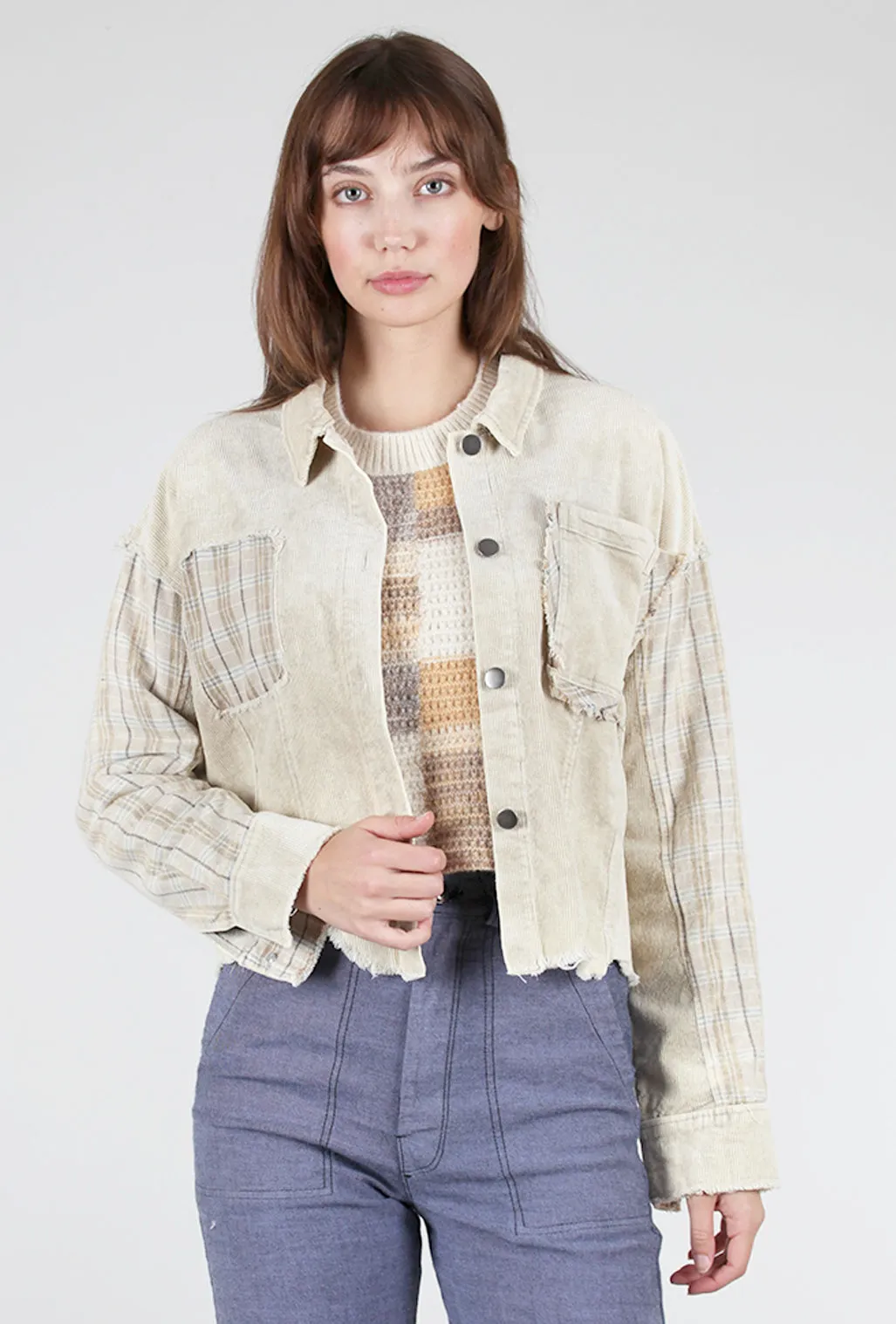 Contrast Plaid Corduroy Jacket, Almond Milk