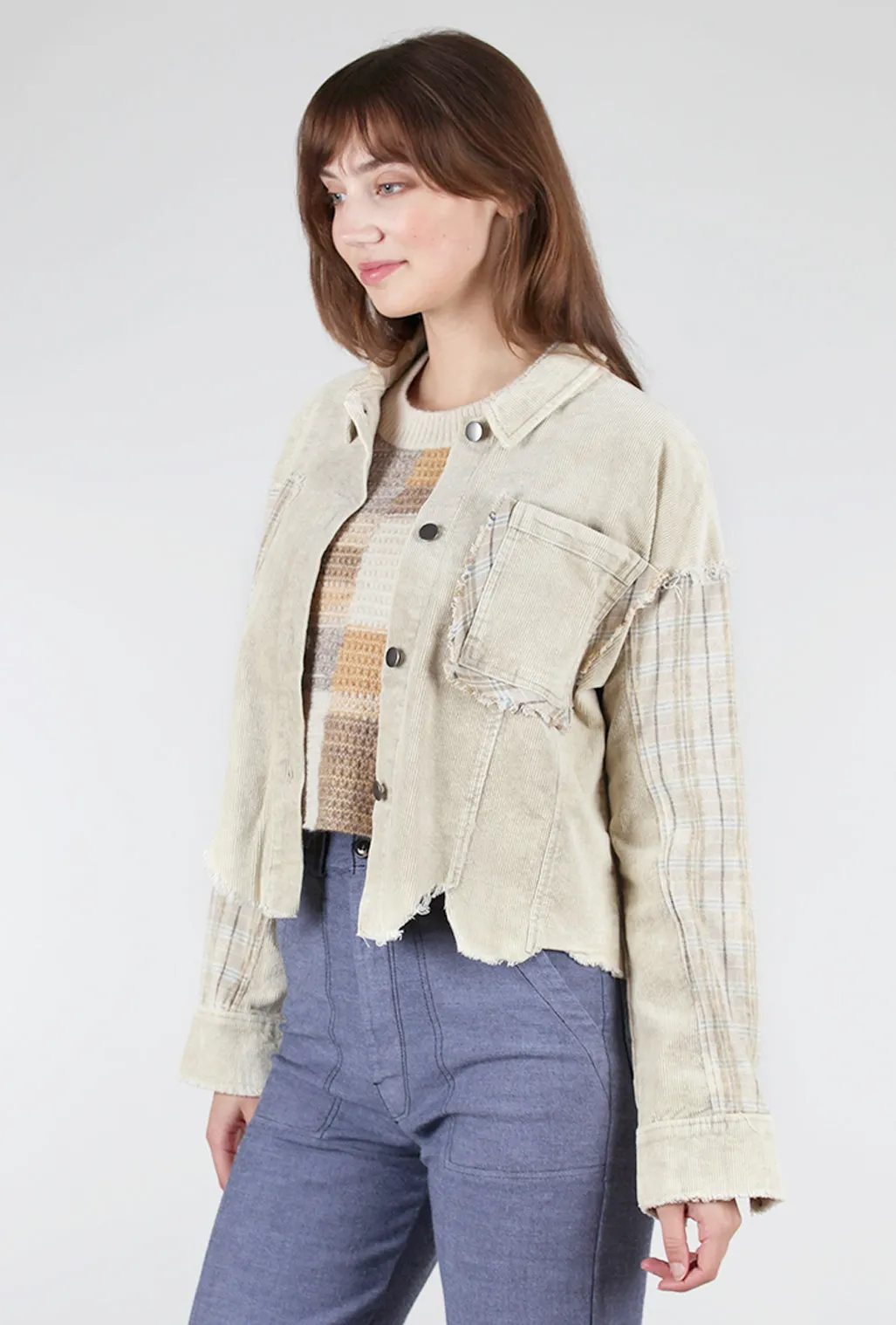 Contrast Plaid Corduroy Jacket, Almond Milk