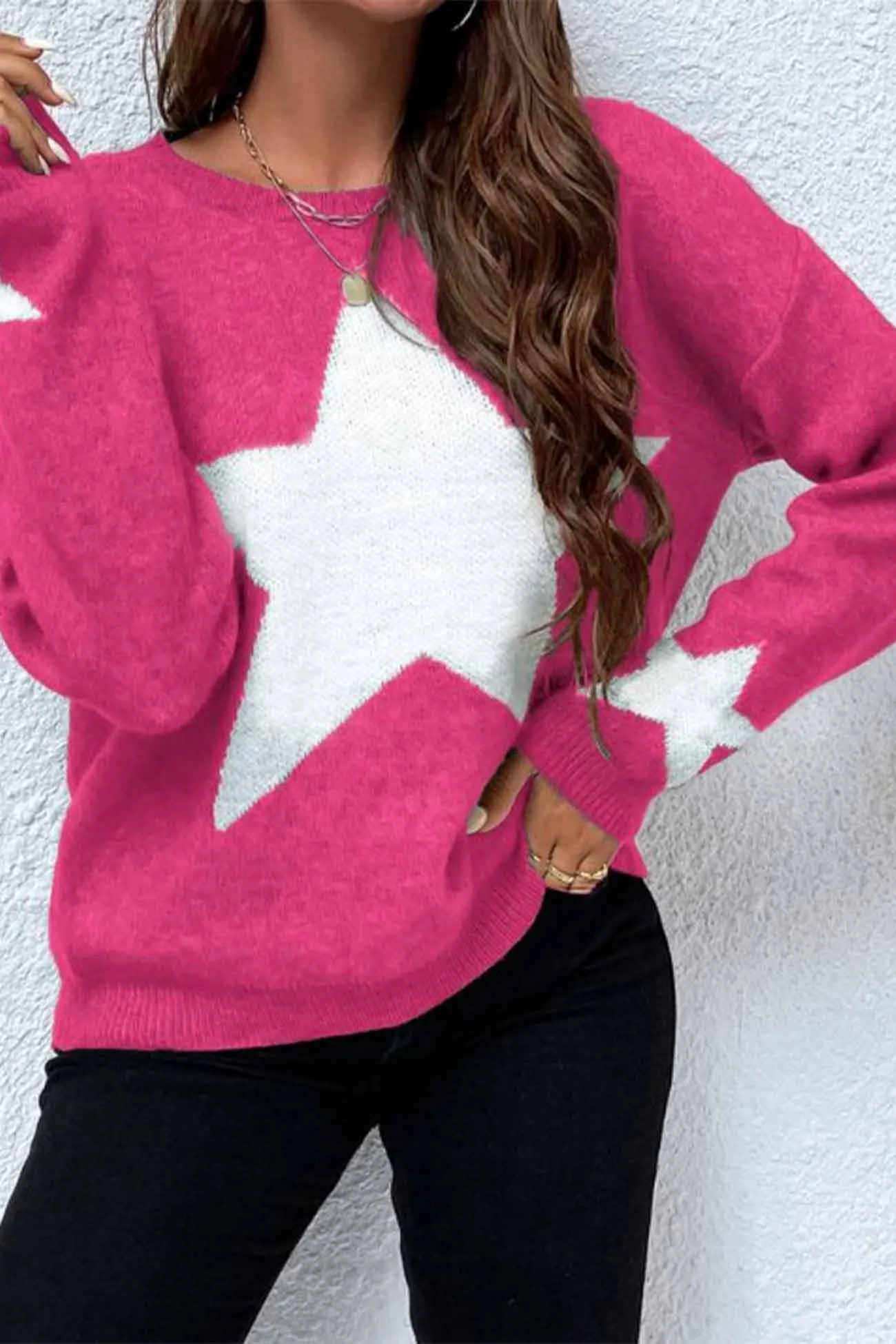 Crew Neck Star Long Sleeve Knitted Sweater