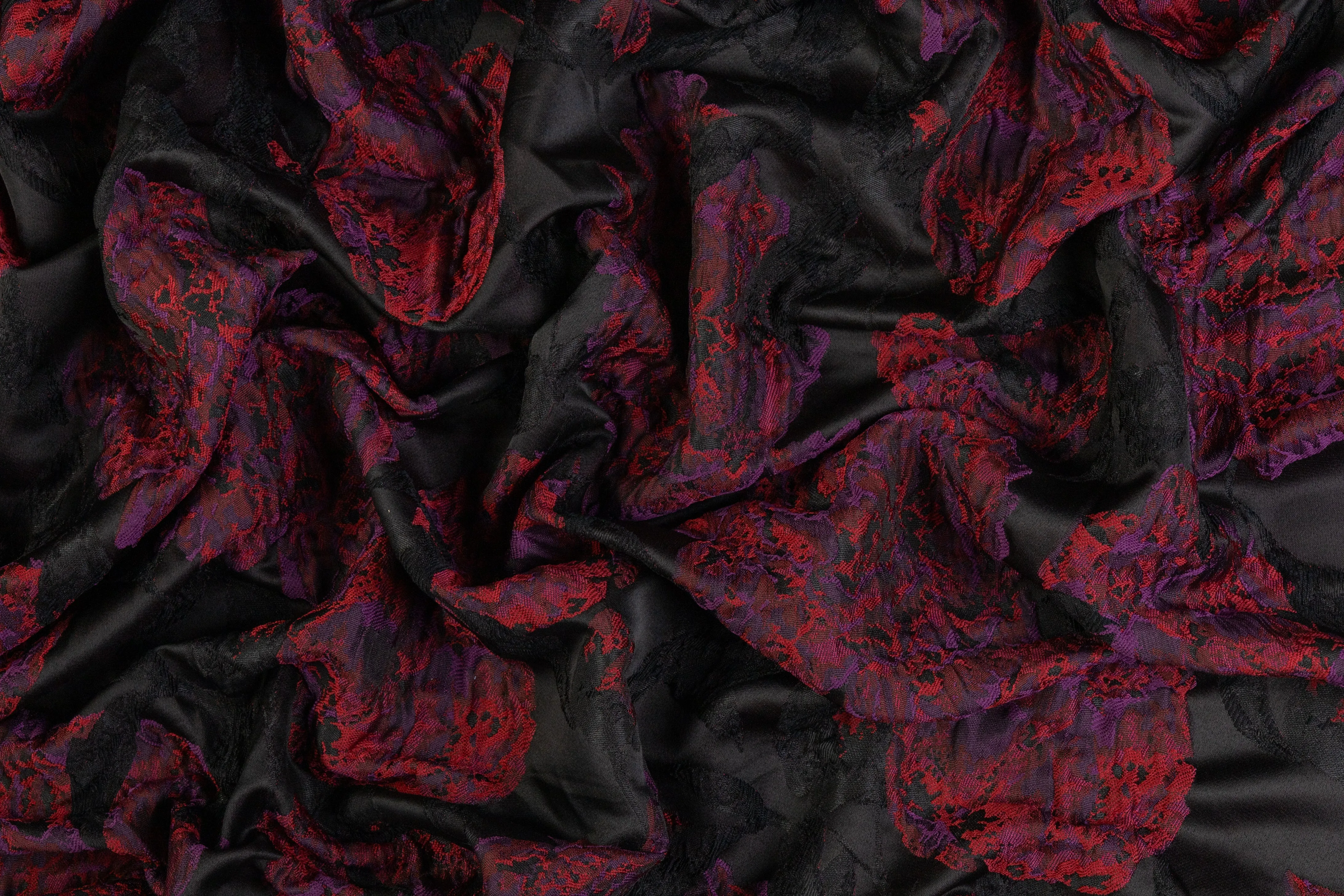 Crushed Floral Brocade - Black / Purple / Red