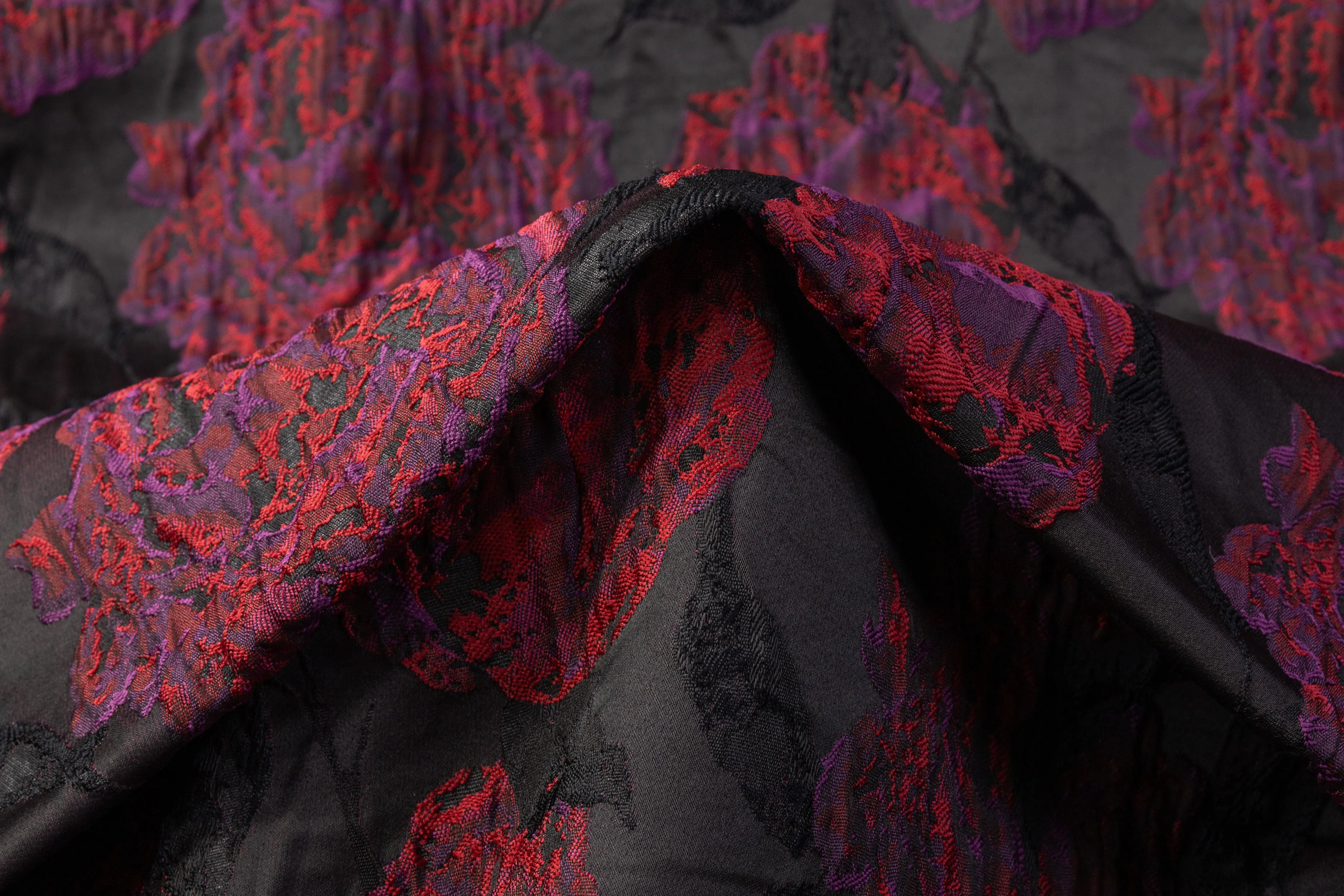 Crushed Floral Brocade - Black / Purple / Red