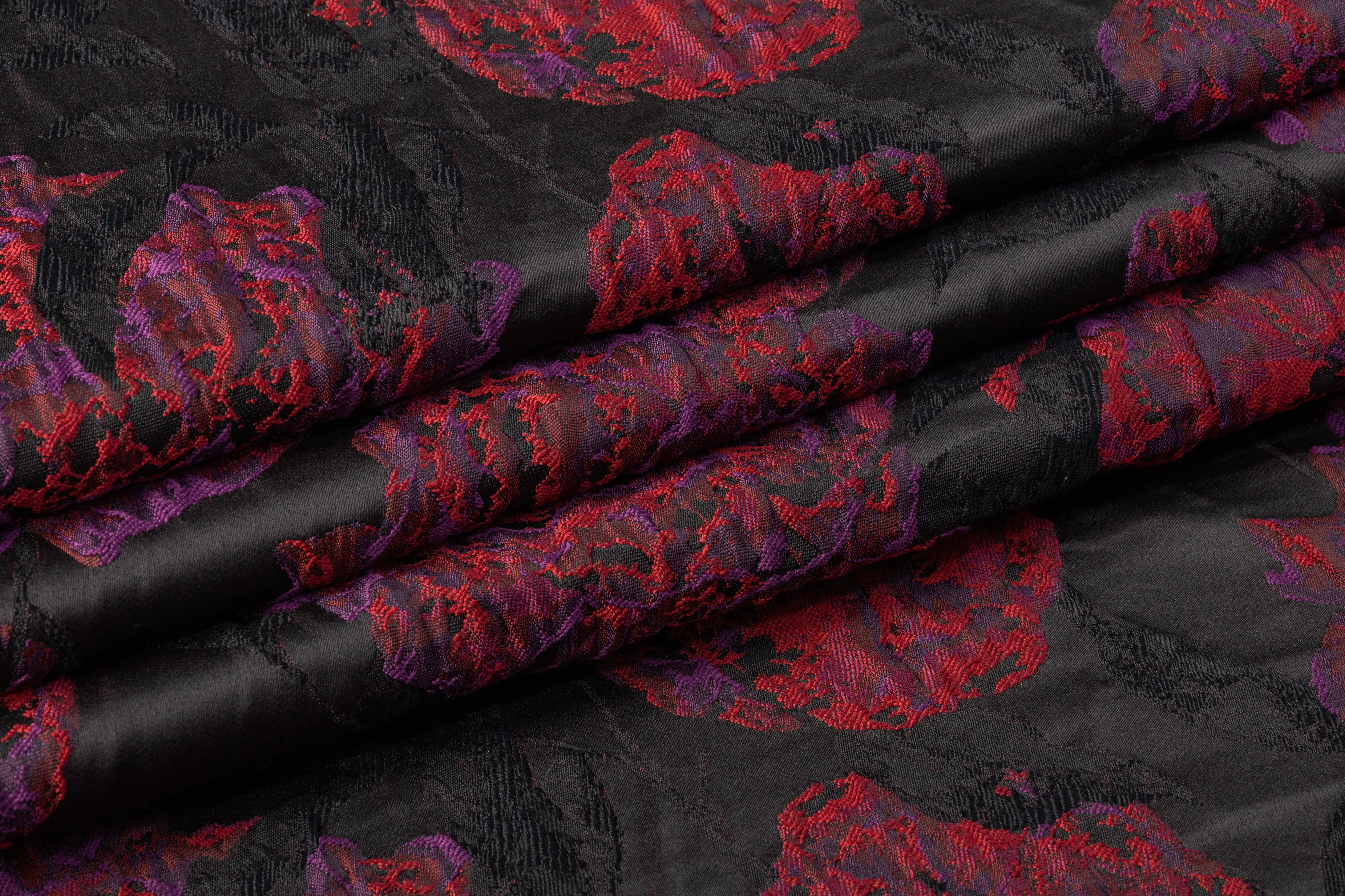 Crushed Floral Brocade - Black / Purple / Red