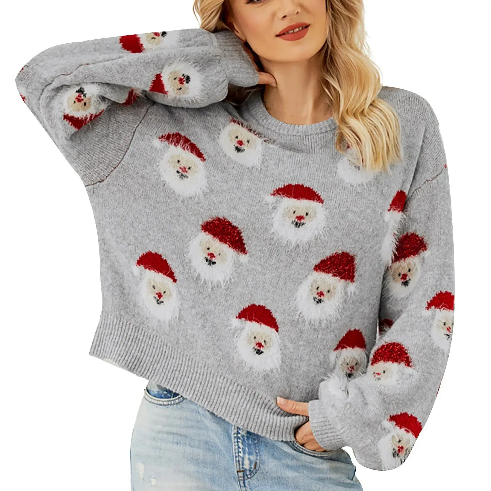 Cute Cozy Warm Festive Comfortable Casual Fleece Knitted Santa Head Crewneck Pullover Sweater