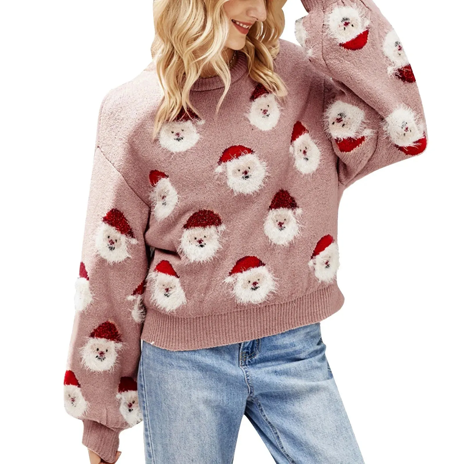 Cute Cozy Warm Festive Comfortable Casual Fleece Knitted Santa Head Crewneck Pullover Sweater