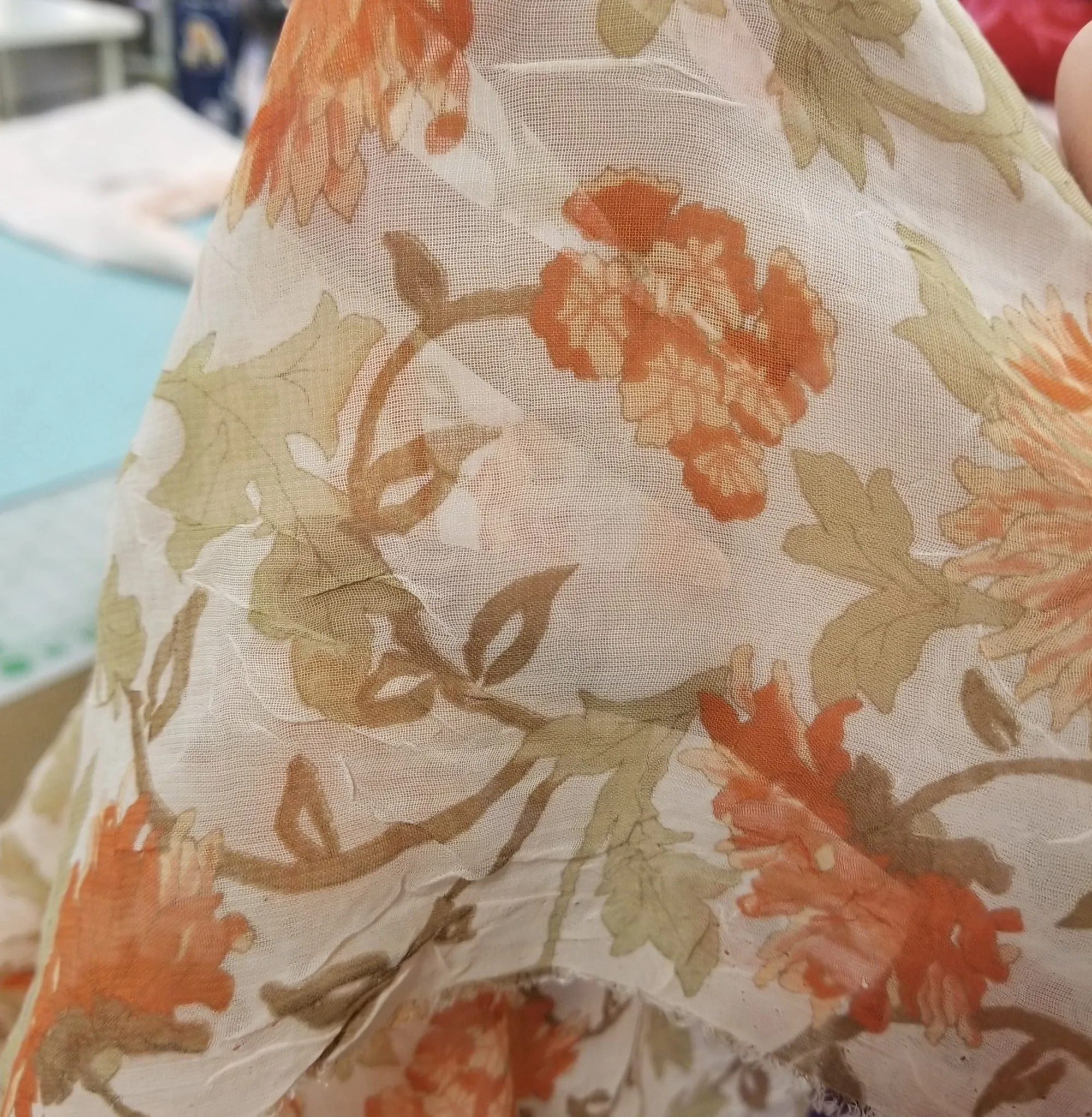 Designer Deadstock Crinkle Faint Pink/ Ivory and Orange Bohemian Florals Sheer Woven-by the yard