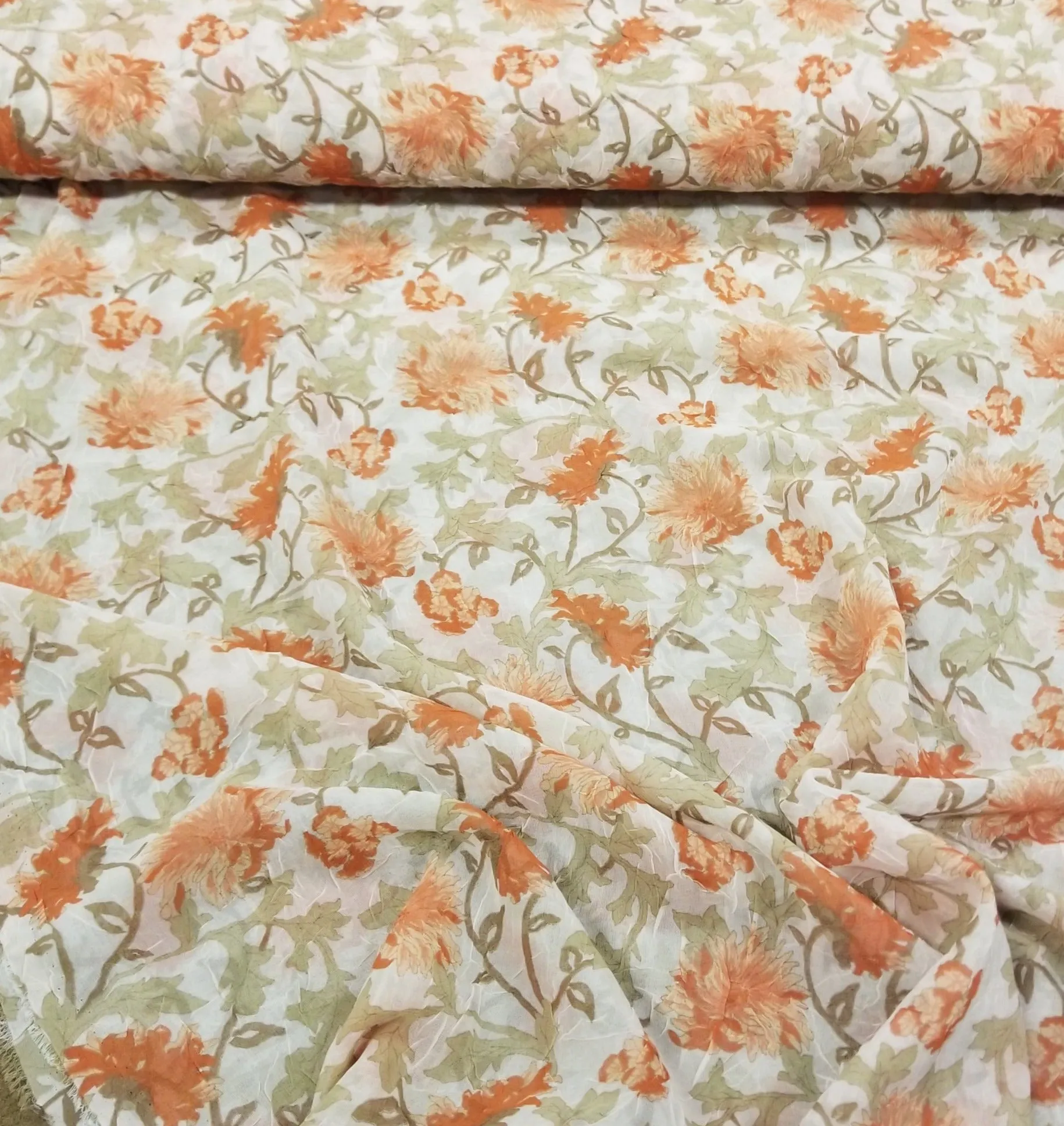 Designer Deadstock Crinkle Faint Pink/ Ivory and Orange Bohemian Florals Sheer Woven-by the yard