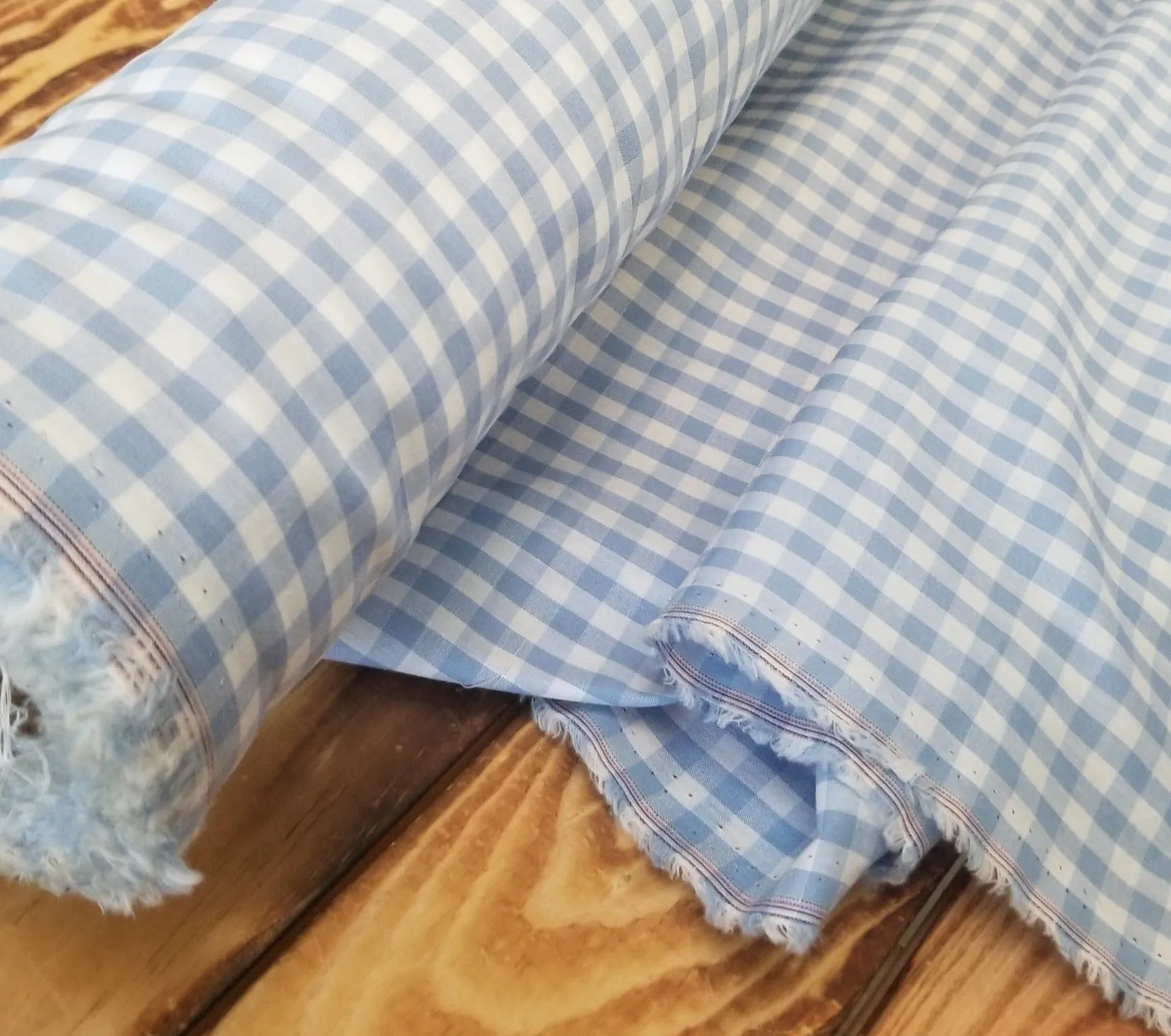 Designer Deadstock Gingham Cottage Blue Picnic Cotton Shirting Poplin Woven- by the yard