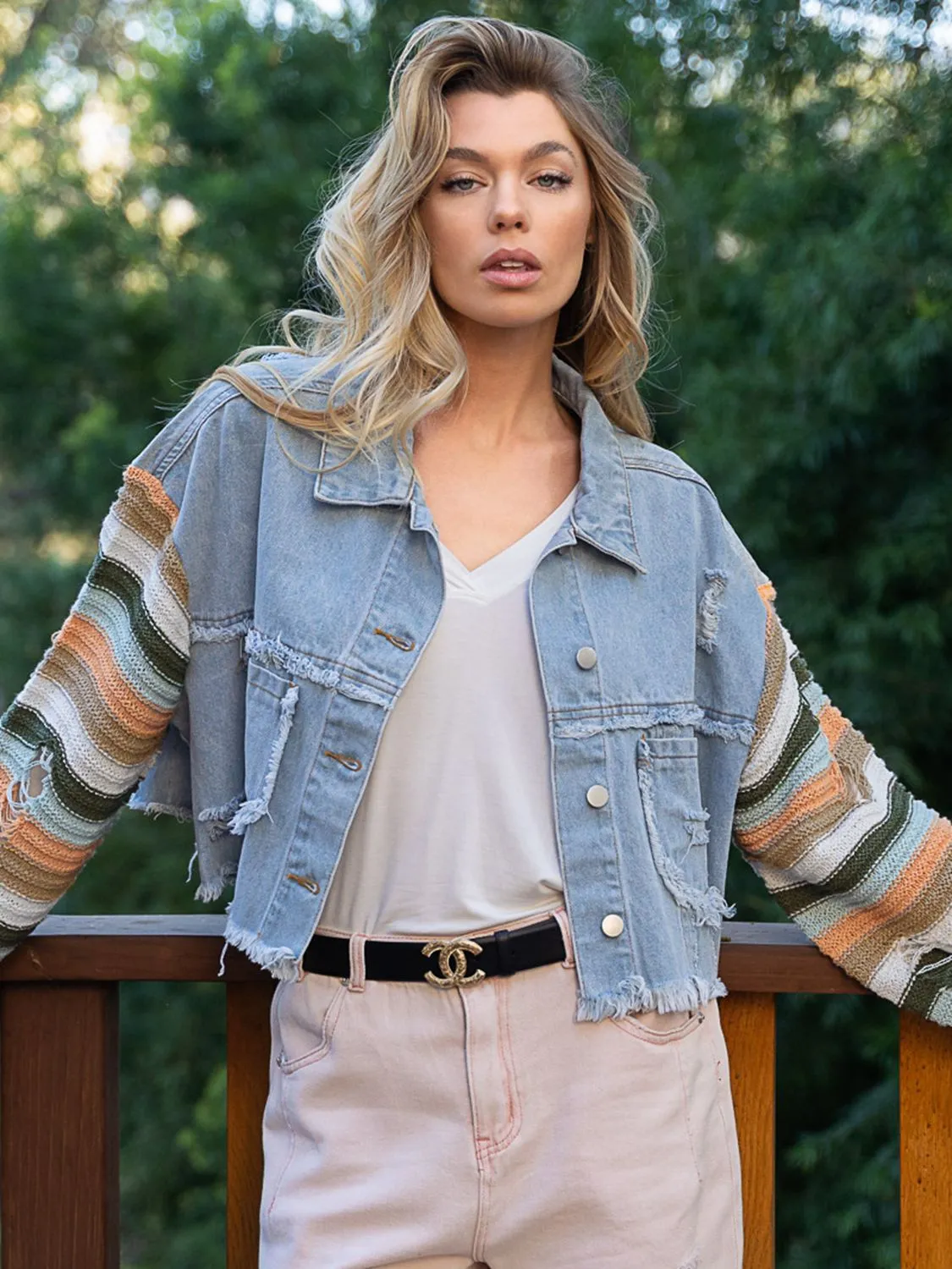 Distressed Striped Long Sleeve Denim Jacket