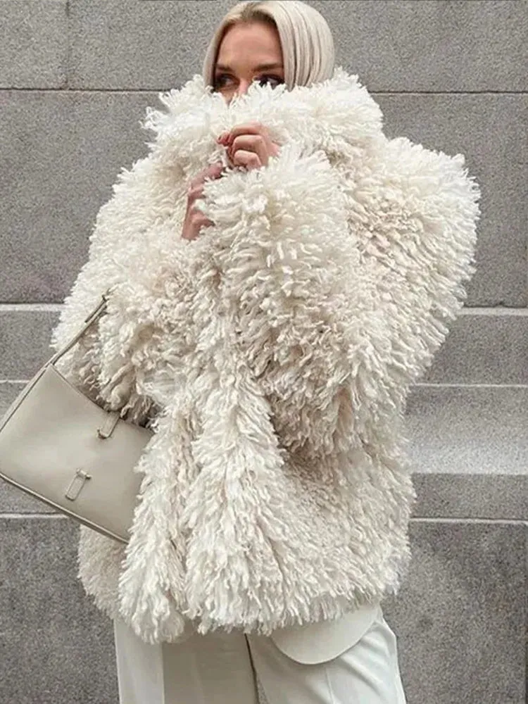 Elegant Lapel Faux Fur Long Sleeve Loose Solid Coats