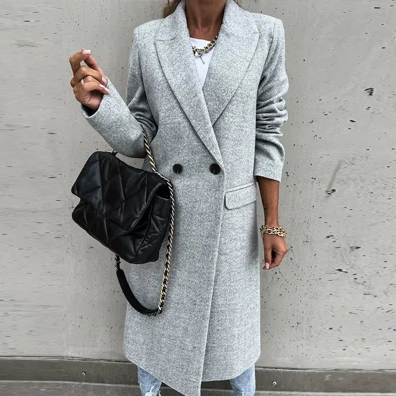 Elegant Long Overcoat Autumn Winter Turn-Down Collar Woolen Office Lady Coats