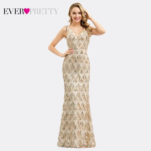 Elegant Plus Size Gold Sequined Mermaid Evening Dresses