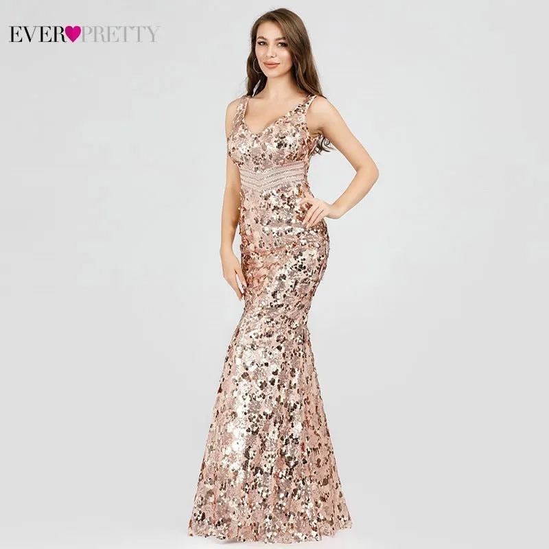 Elegant Plus Size Gold Sequined Mermaid Evening Dresses