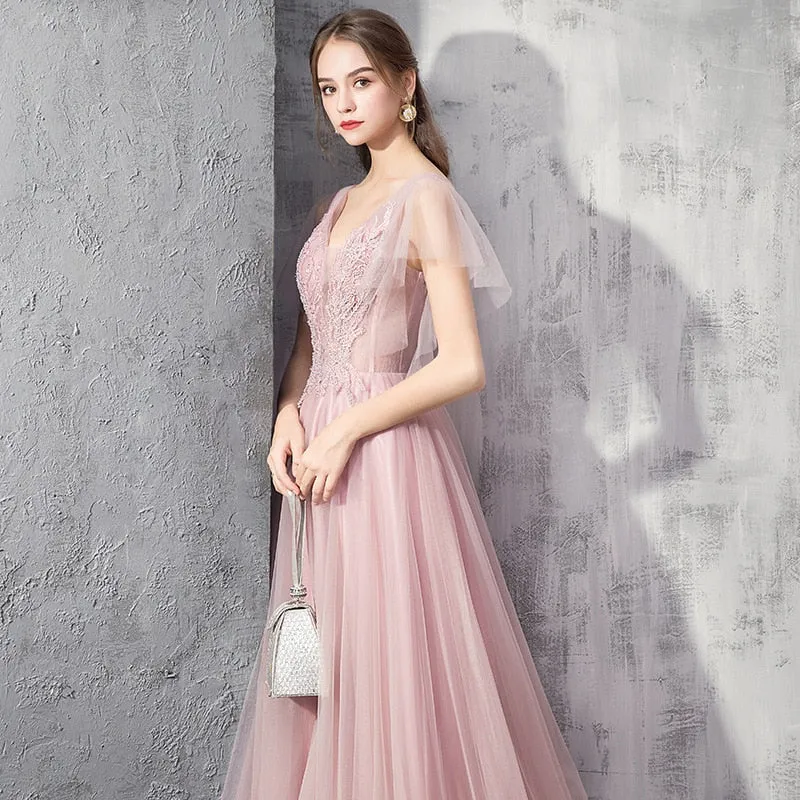 Elegant V-Neck Lace Appliques Sweet Pink Long Prom Dress