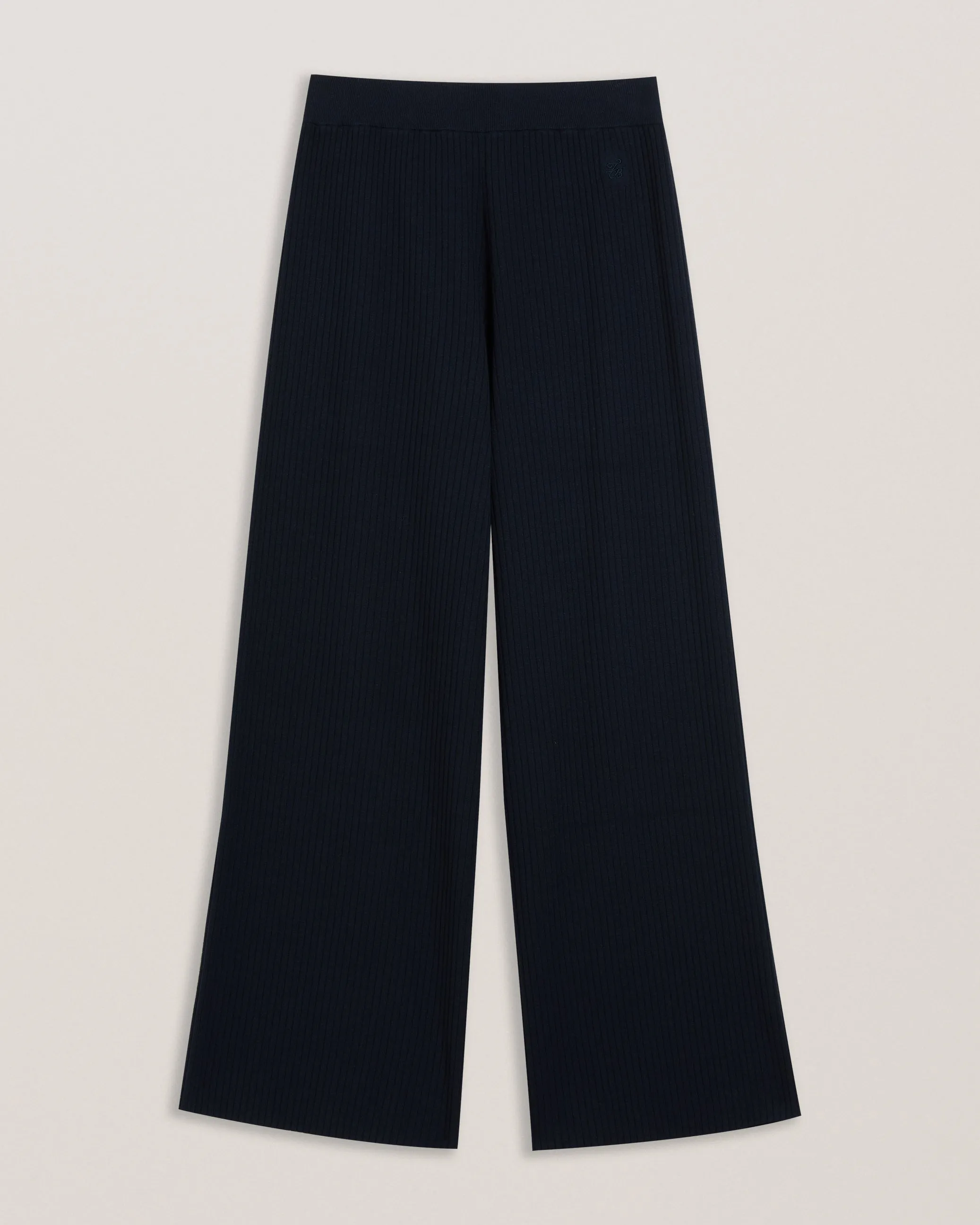 Ellenr Ribbed Knitted High Waist Wide Leg Trousers Navy