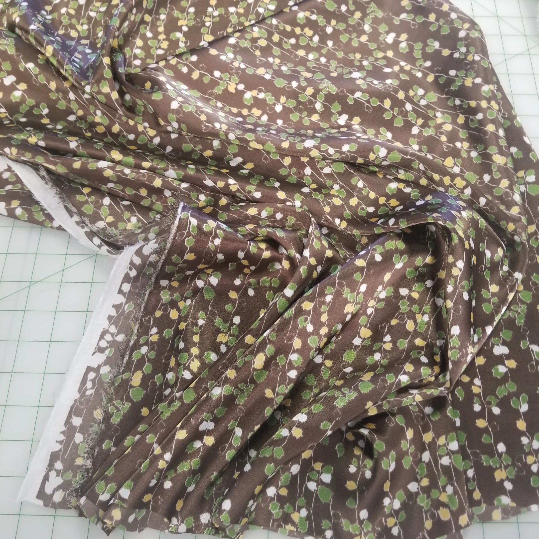 End of Bolt: 2.5 yards of Brown Vine Florals Satin Charmeuse Woven- Remnant