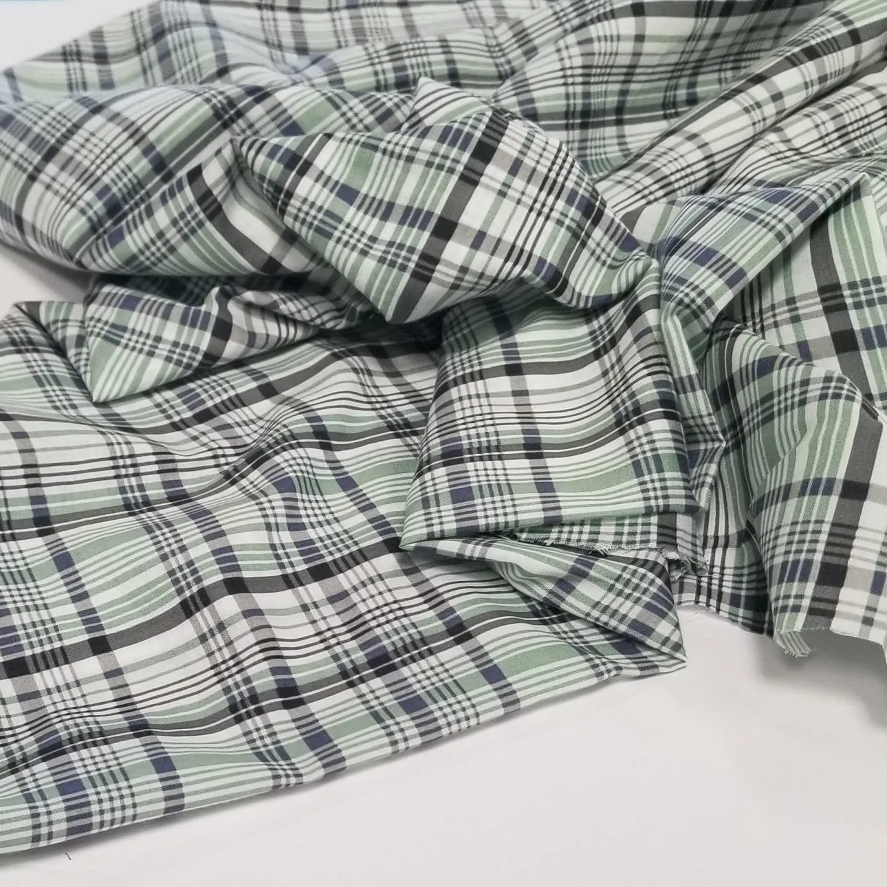 End of BOlt: 2.5 yards of Designer Deadstock Plaid Green Ivory and Charcoal Cotton Lawn Shirting Woven-remnant