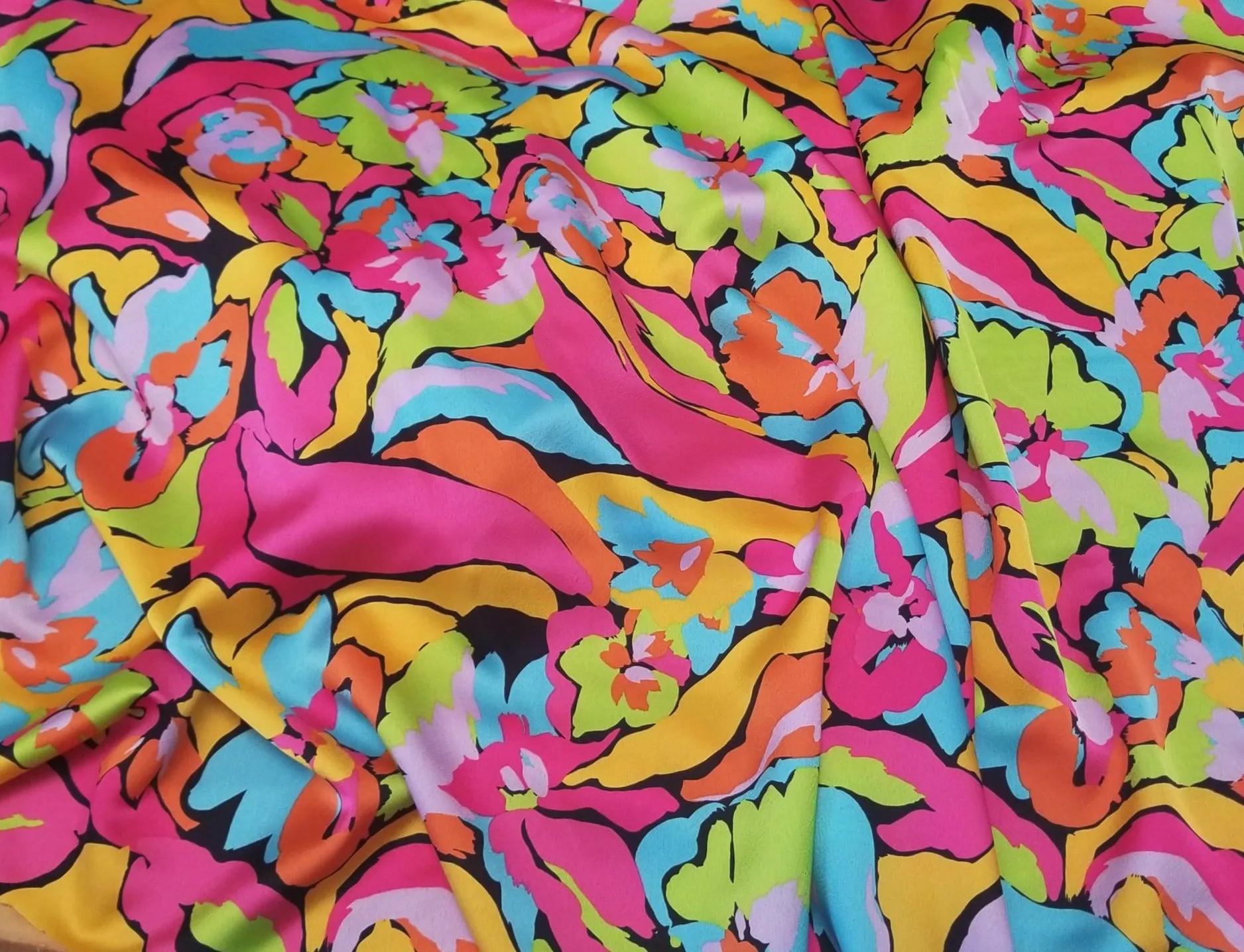 End of Bolt: 3.5 yards of Designer Deadstock Neon Roses Poly Satin Woven Print- remnant