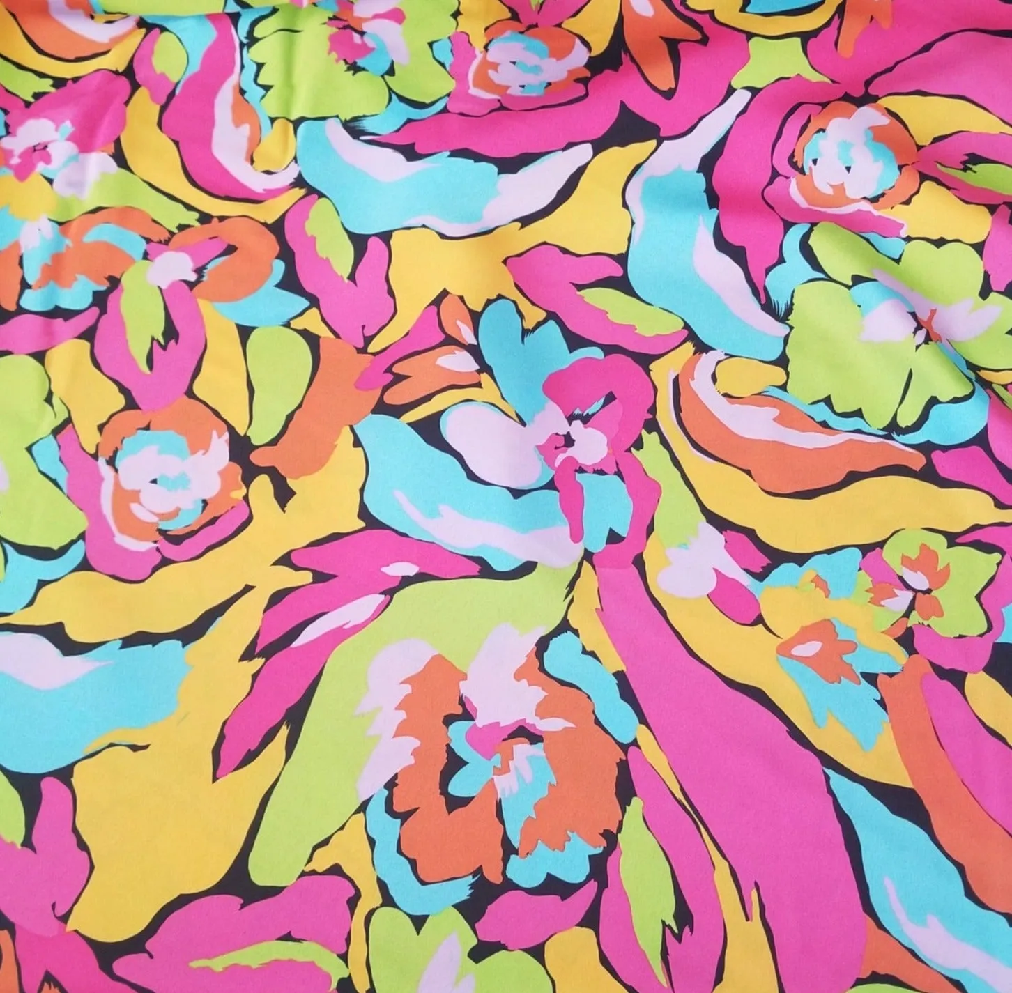 End of Bolt: 3.5 yards of Designer Deadstock Neon Roses Poly Satin Woven Print- remnant