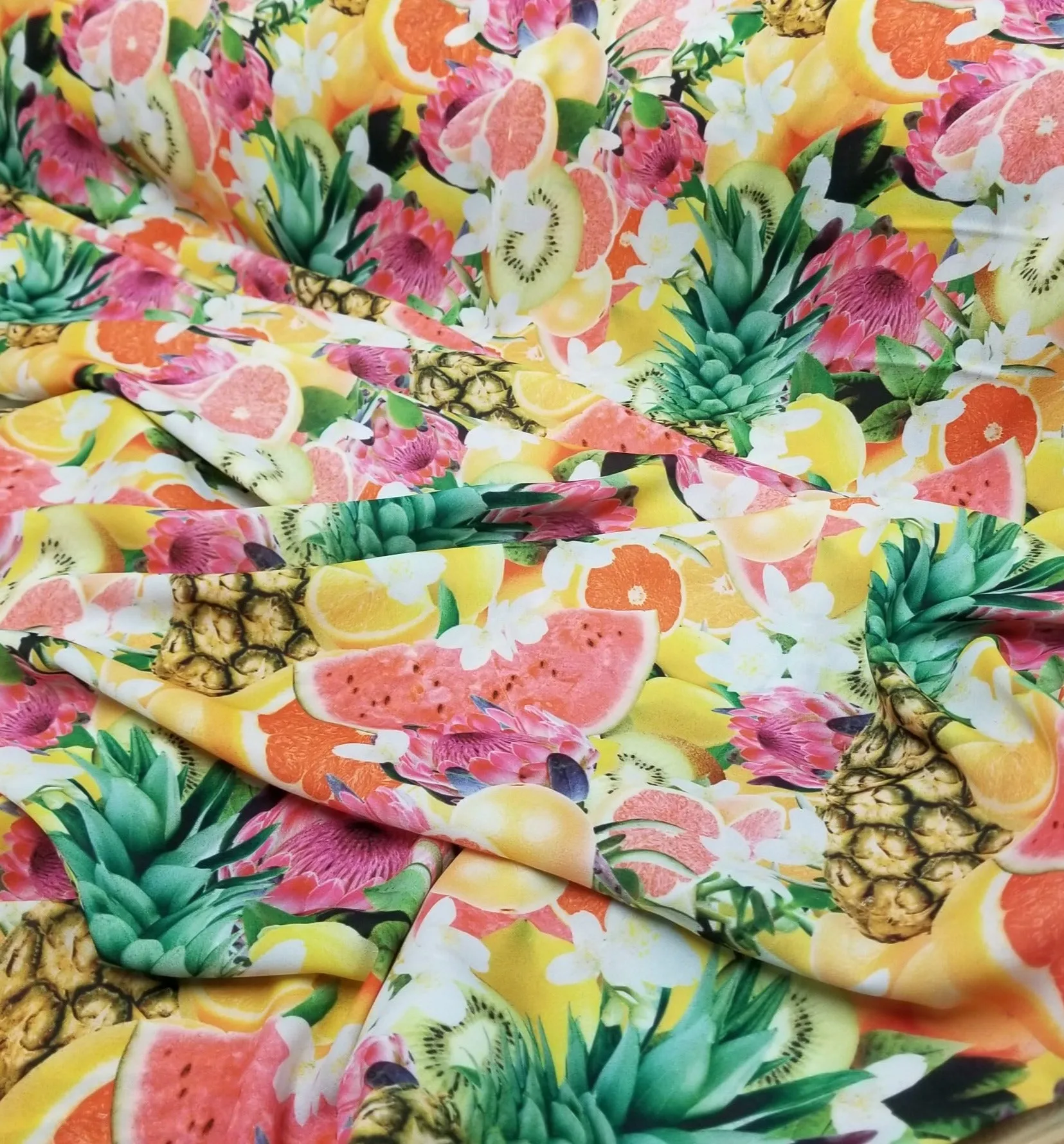 End of Bolt: 5/8th yards of Designer Deadstock Tutti Frutti Resortwear Crepe De Chine Blousewear Woven- remnant