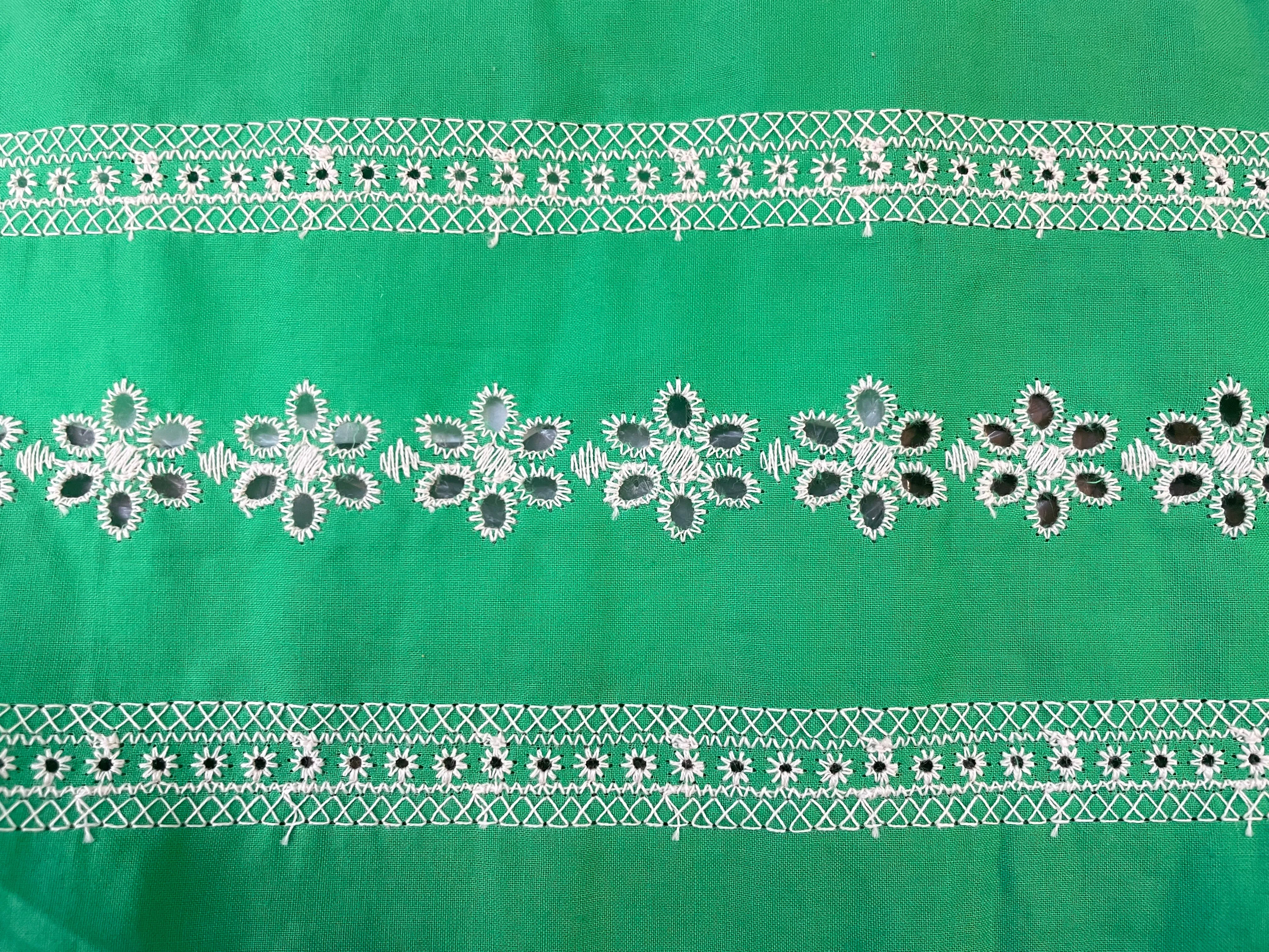 Eyelet Floral Stripe Embroidered Cotton - Green & White