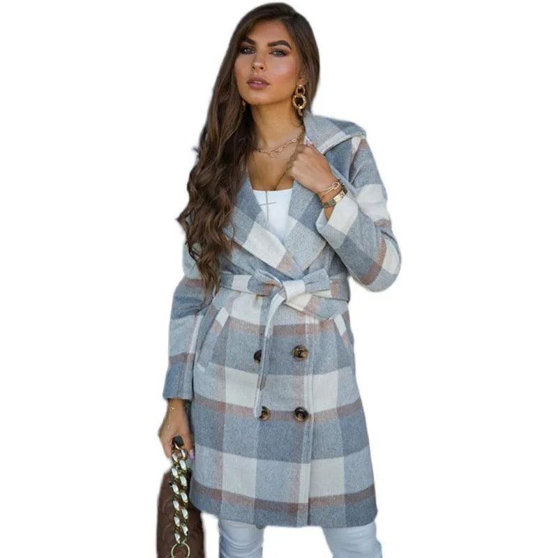 Fashion Plaid Print Woolen Coat