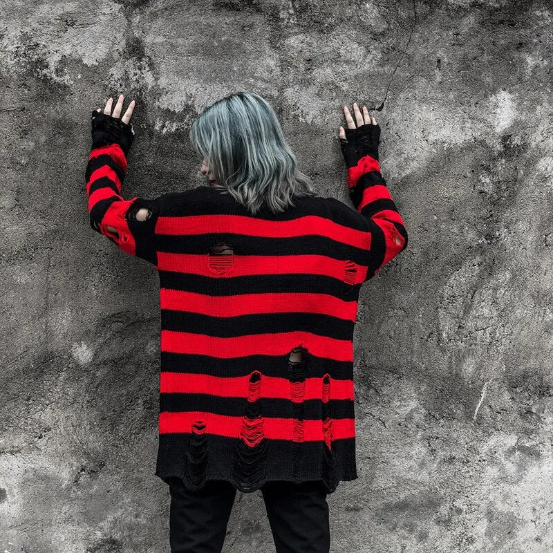 'Flame of Fear' Red & Black Torn Striped Sweater