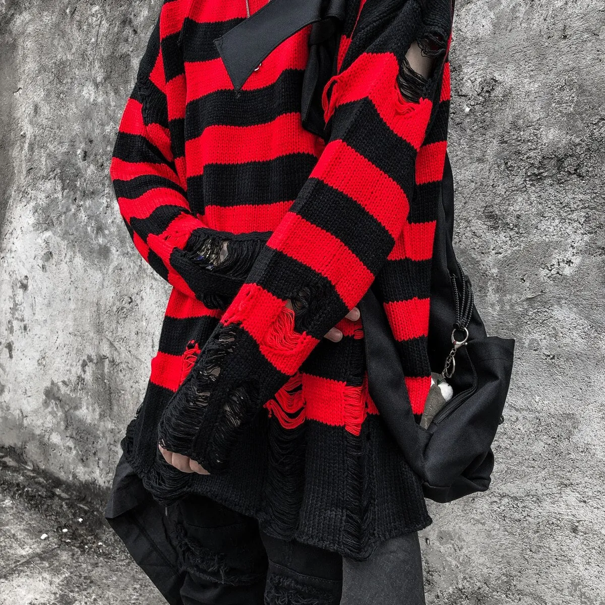 'Flame of Fear' Red & Black Torn Striped Sweater