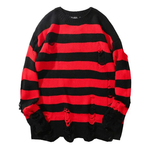 'Flame of Fear' Red & Black Torn Striped Sweater