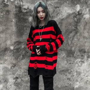 'Flame of Fear' Red & Black Torn Striped Sweater