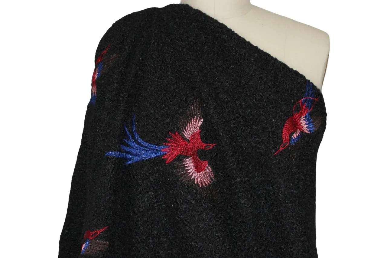 Flight of the Phoenix Embroidered Boiled Wool - Pink/Red/Blue/Brown on Black