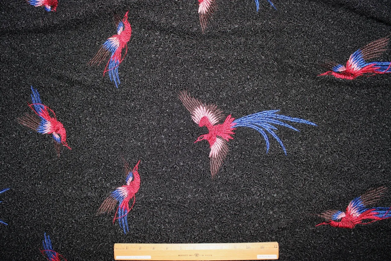 Flight of the Phoenix Embroidered Boiled Wool - Pink/Red/Blue/Brown on Black