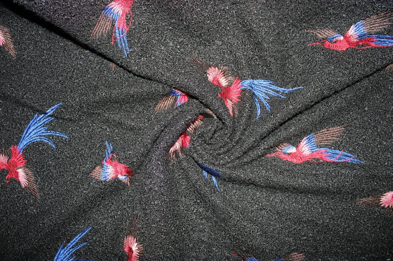 Flight of the Phoenix Embroidered Boiled Wool - Pink/Red/Blue/Brown on Black