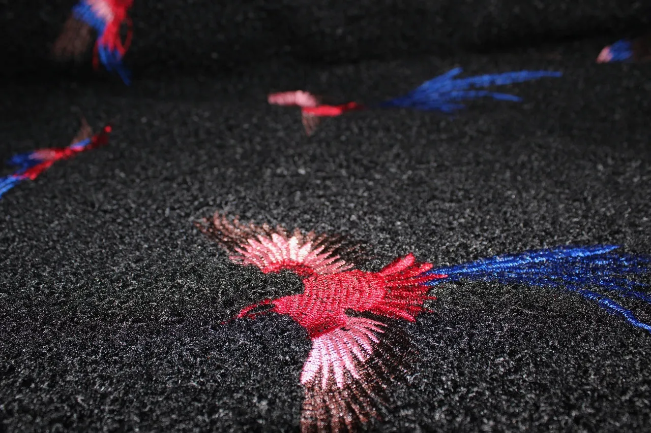 Flight of the Phoenix Embroidered Boiled Wool - Pink/Red/Blue/Brown on Black