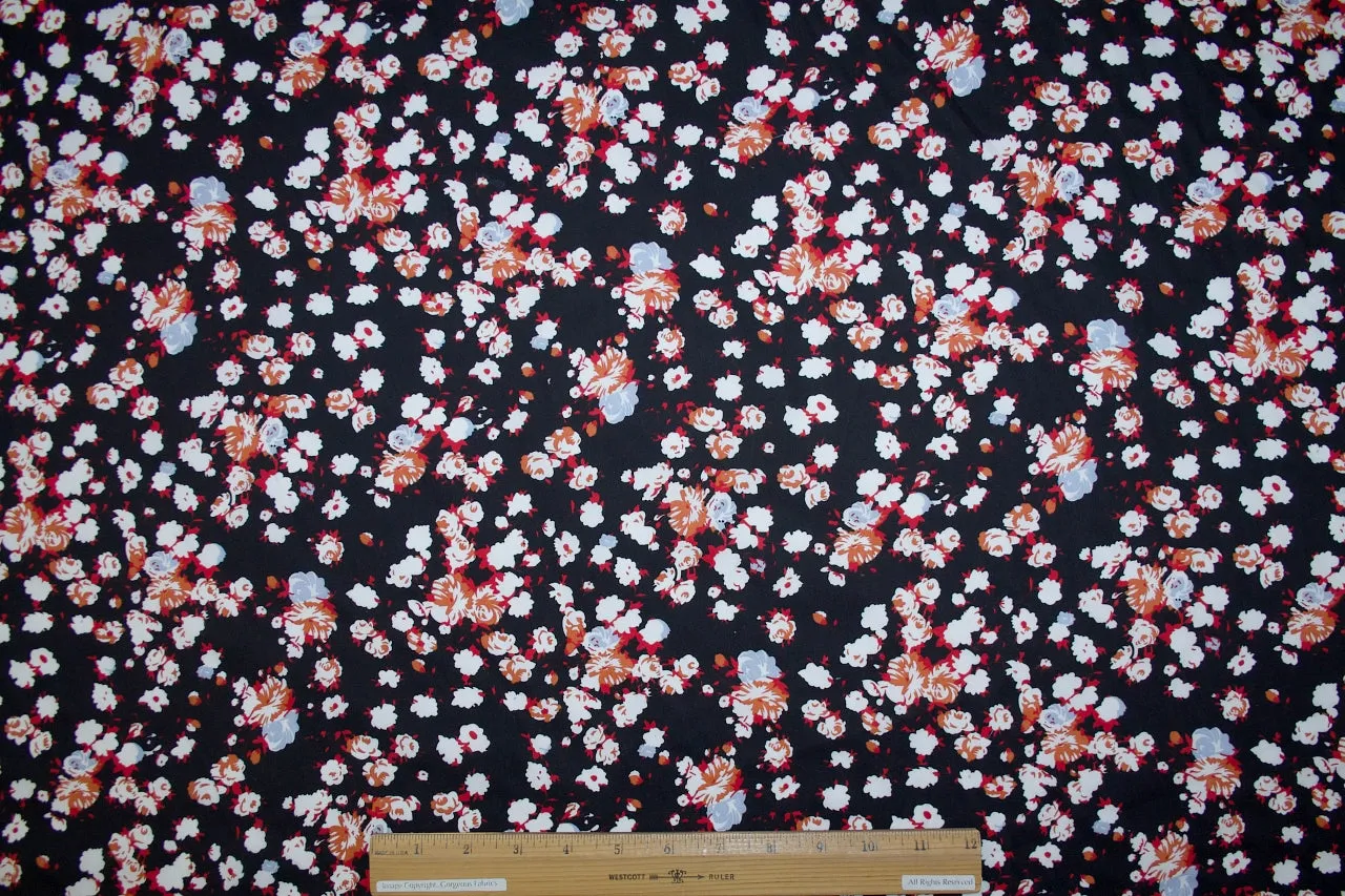 Floating Florals Cotton - Reds/Orange/Gray on Black