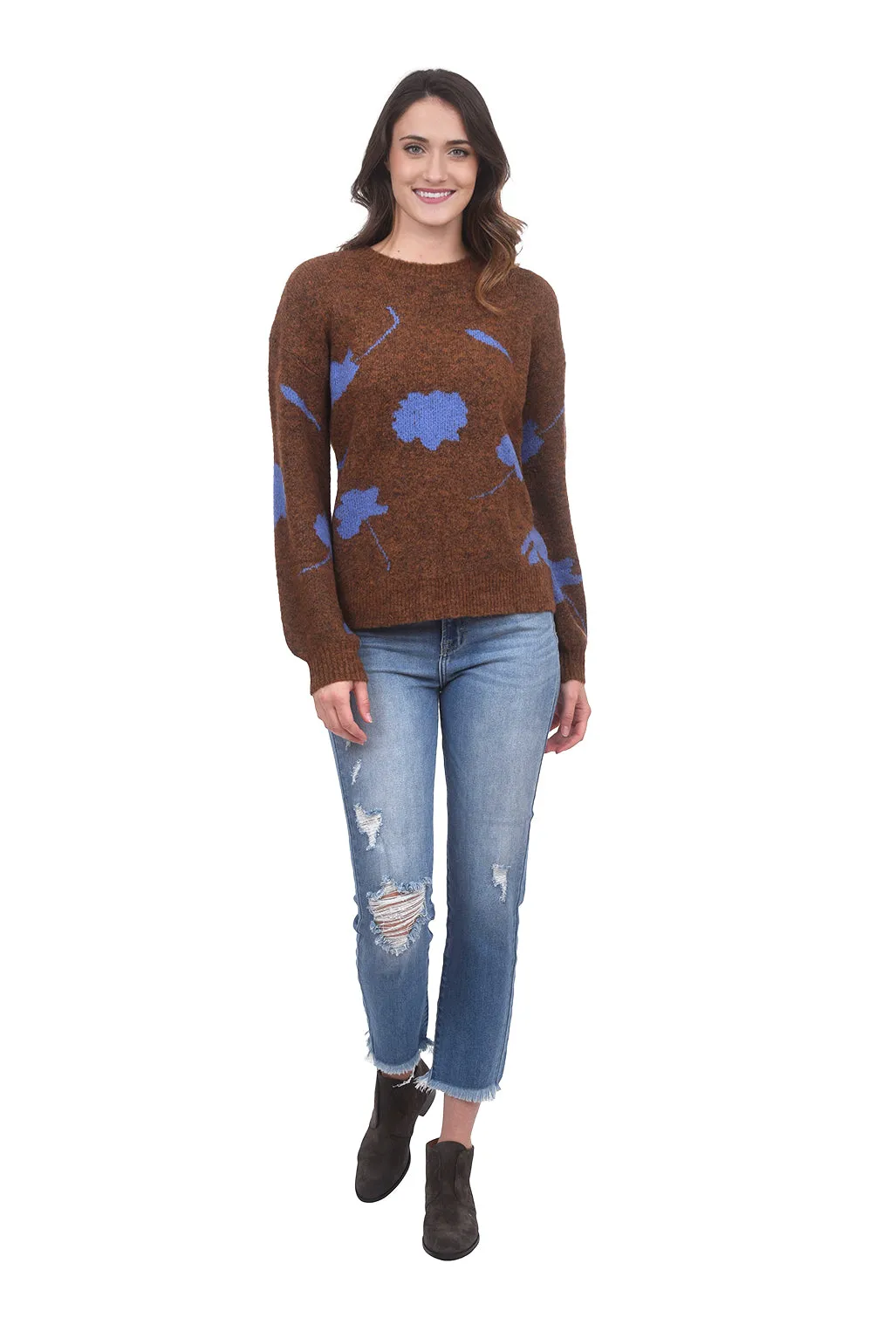 Flower Print Crew Sweater, Brown