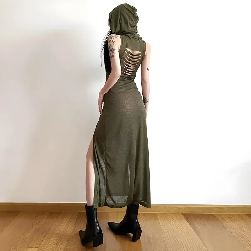 Goth Hooded Cut Out Back Midi Dress