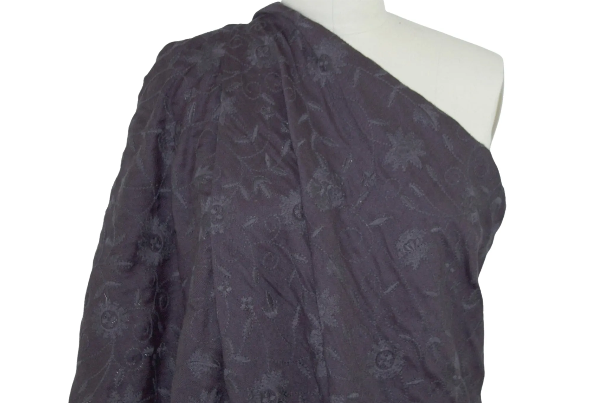 Haute Couture Floral Embroidered Wool - Dark Eggplant/Black