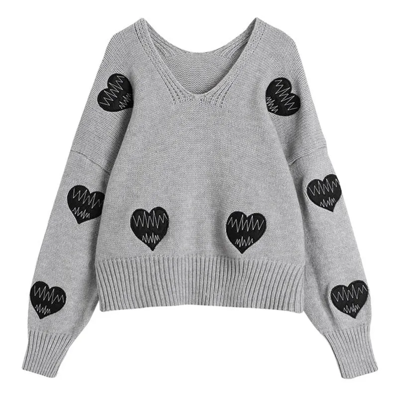 'Heart Attack' Grey Grunge Love Embroidery Sweater