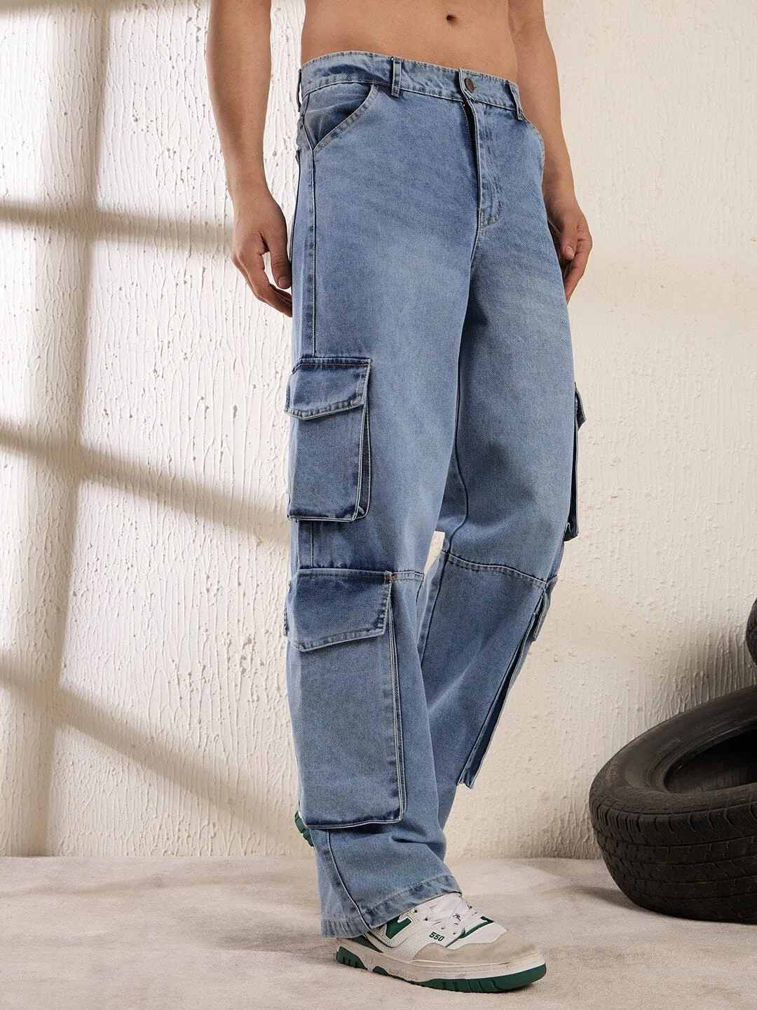 Ice Washed Baggy Cargo Denim