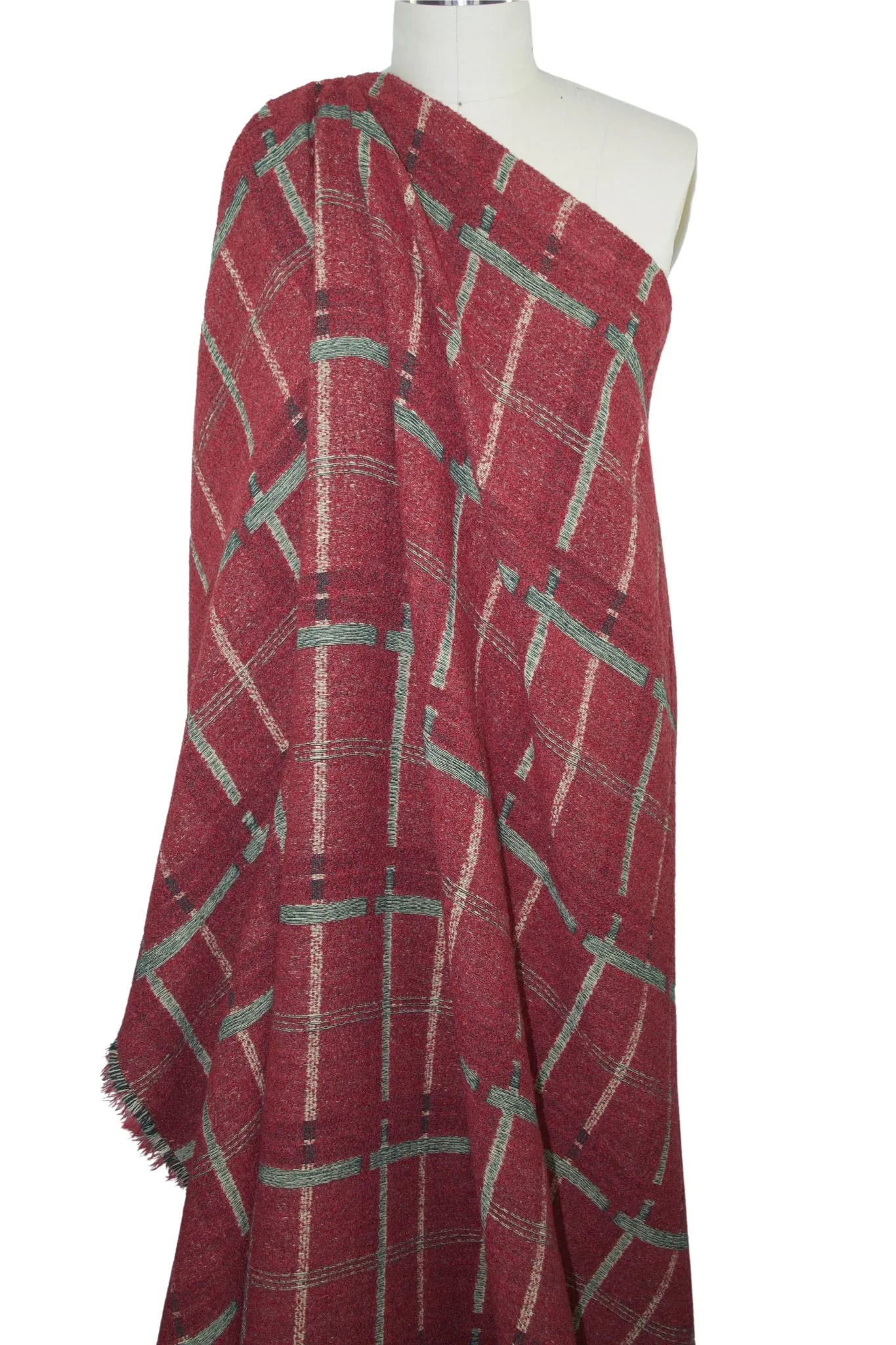 Italian Reversible Plaid Wool Blend Coating - Red/Green/Ivory