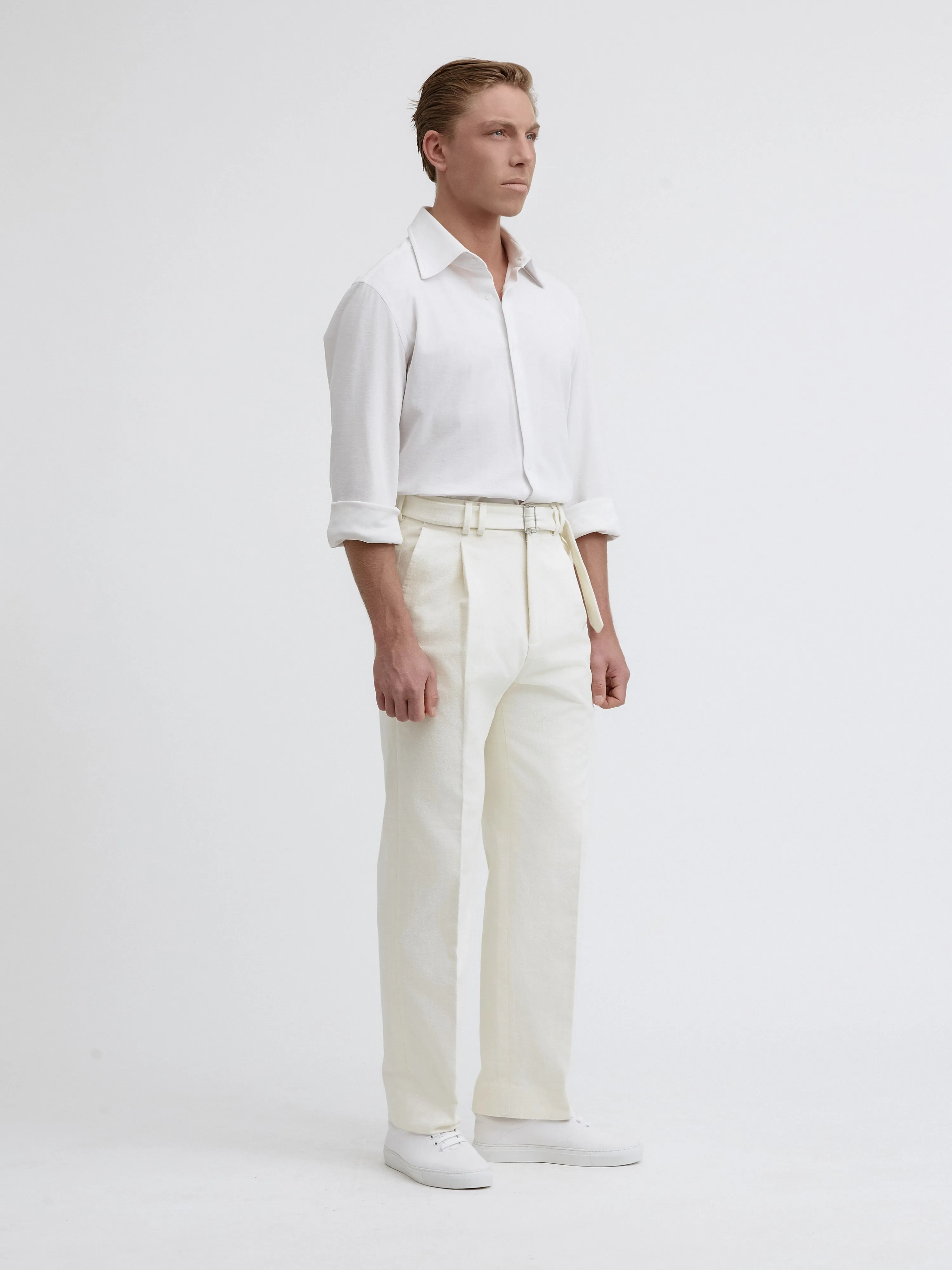 Ivory Cotton Belted Trousers (Wide Fit)