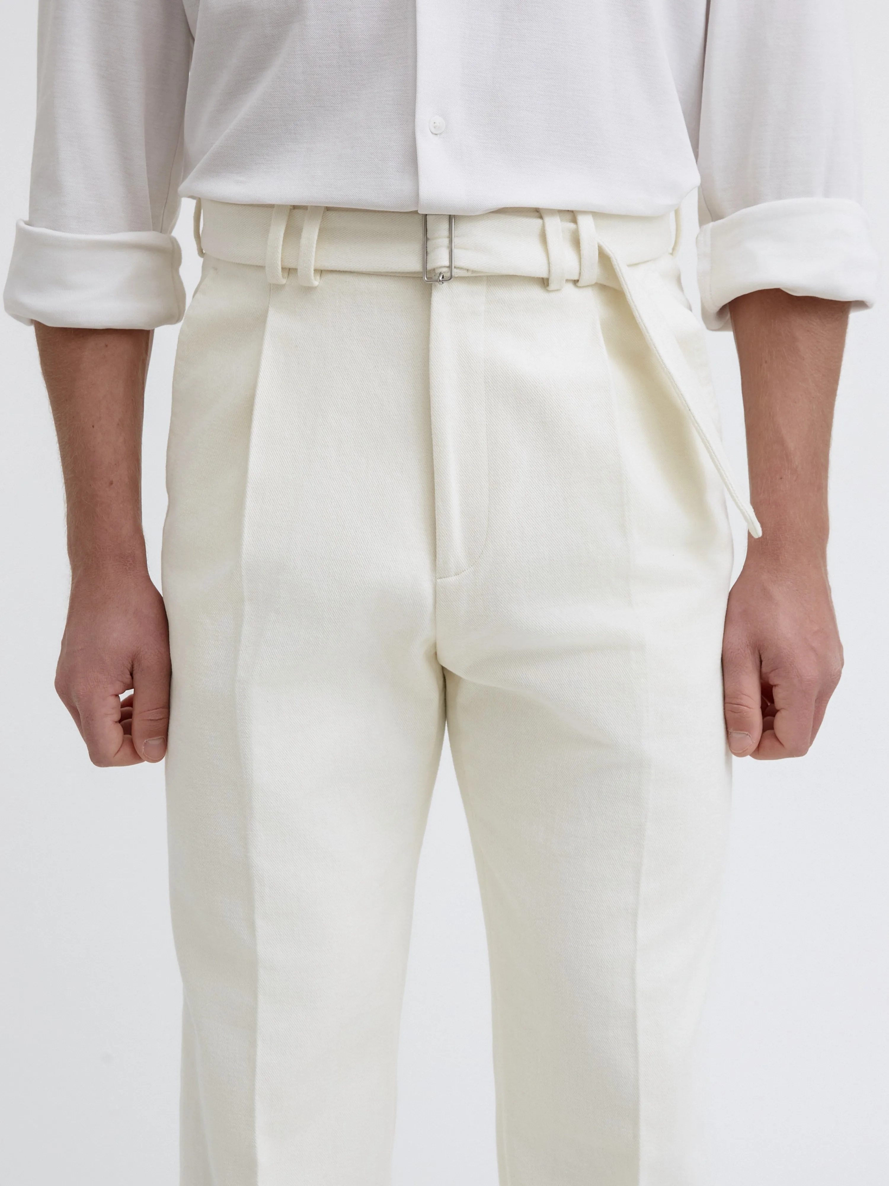 Ivory Cotton Belted Trousers (Wide Fit)