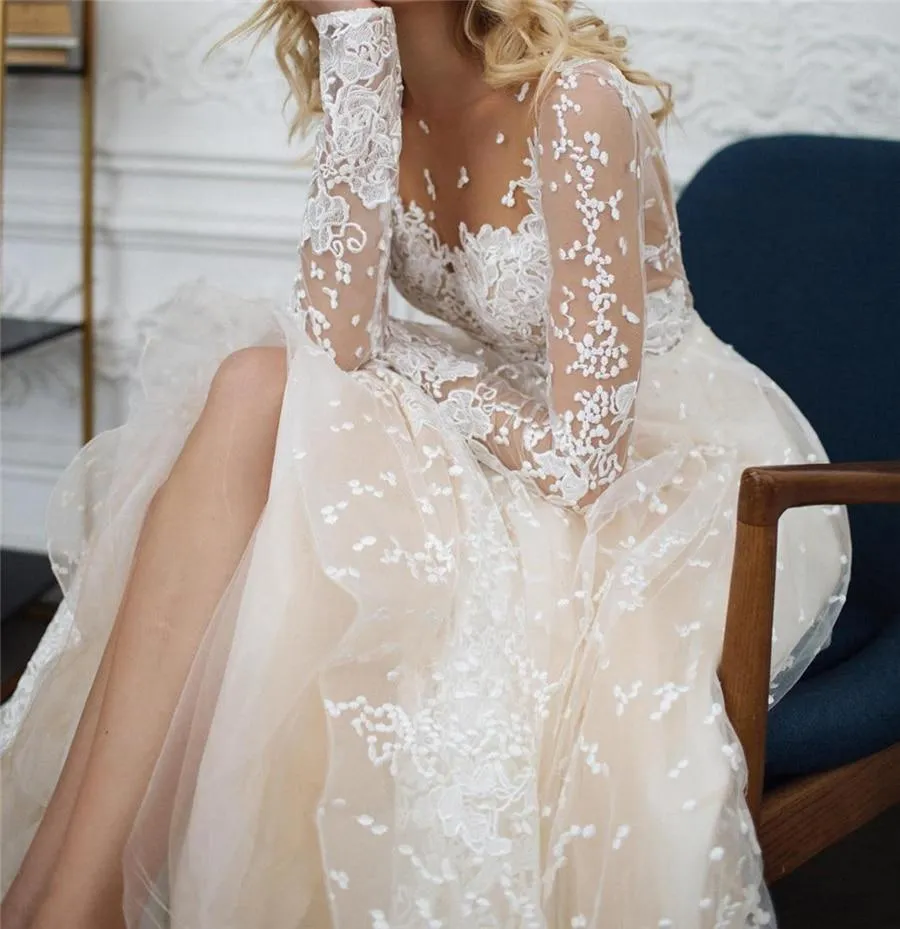 Long Sleeves Open Back Champagne Wedding Dress