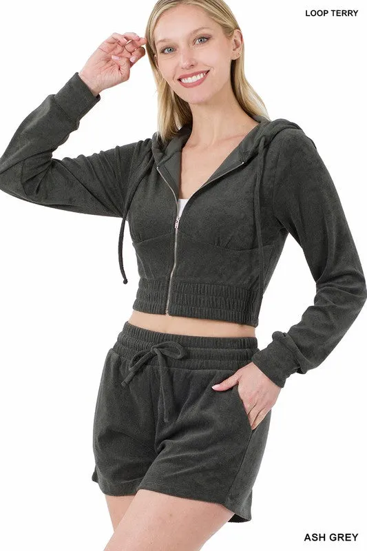 LOOP TERRY ZIP UP CROPPED HOODIE & SHORTS SET